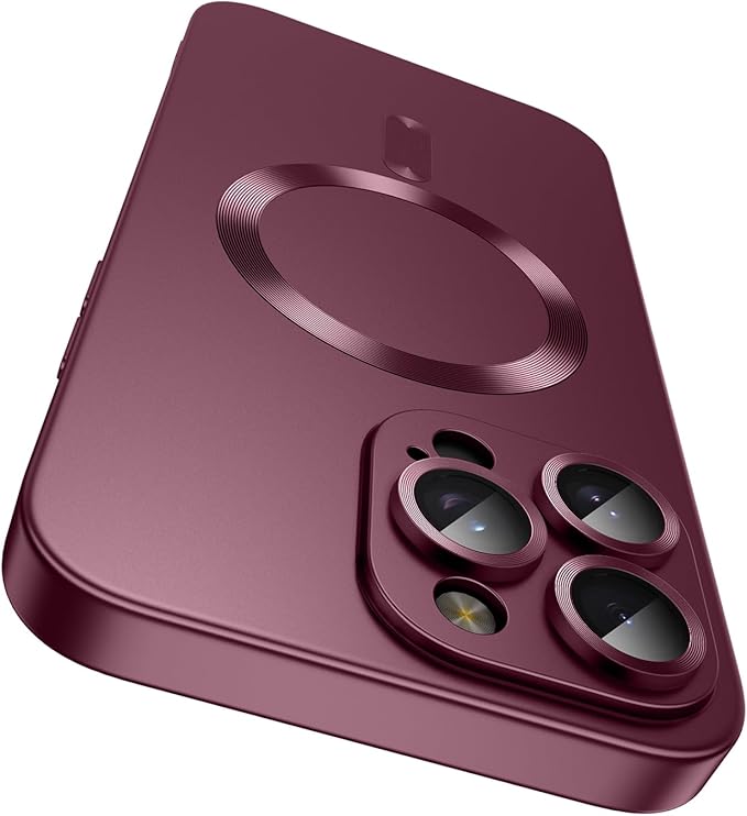 Magnetic for iPhone 15 Pro Max Case [Compatible with MagSafe][Built-in Camera Lens Protector] Slim Soft Silicone Bumper Shockproof Metallic Luster Phone Case (Burgundy)