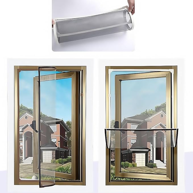 VKX Adjustable DIY Magnetic Window Screen, Fiberglass Mesh, Strong(720GS) Magnetic Strips, White Frames Grey Mesh, Suitable for Various Types of Screen Windows (45"x49")