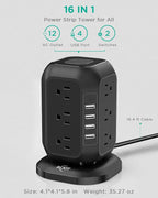 AiJoy Power Strip Tower 16.4 ft Cord, Surge Protector with 12 AC Outlet and 4 USB Ports, Charging Station Extension Cord with Multiple Outlets for Home, Office, Dorm Room Essentials black-15FT