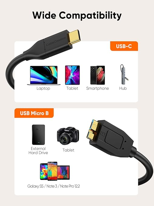 CableCreation 4FT USB C to Micro B Cable,10Gbps Speed External Hard Drive Braided,USB 3.1 Type C to Micro B Work for iPhone 15,16,Seagate WD Westgate My Passport,MacBook Pro/Air, iPad/Tablet,Black
