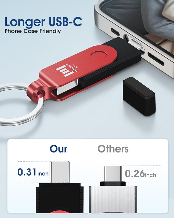 MOSDART 512GB USB3.1 Fast Speed C and A Dual Flash Drive, exFAT Memory Stick with Keychain and LED Indicator, for iPhone 15 and 16, Android Phone, iPad, MacBook, and Other Laptops, Red