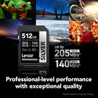 Lexar 512GB Professional Silver SD Card, UHS-I, C10, U3, V30, 4K, Up to 205/140 MB/s SDXC Memory Card, for Professional Photographer, Videographer, Enthusiast (LSDSILV512G-BNNNU)