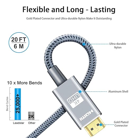 LEADSTAR HDMI Cable 4K 20 ft / 6m, High Speed HDMI 2.0 Cord Braided | 4K@60Hz, Ultra HD, 2160p, ARC, HDR, 3D, HDCP 2.2 | for Xbox, PS5, TV, Laptop, Monitor