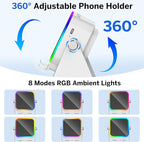 Wireless Induction Speaker 5-in-1 Bluetooth Speaker with Phone Stand,Stereo Sound, 3500mAh Rechargeable, 8 RGB Ambient Light, 360° Adjustable Holder for iPhone/Android/iPad,Gifts for Men Women (White)