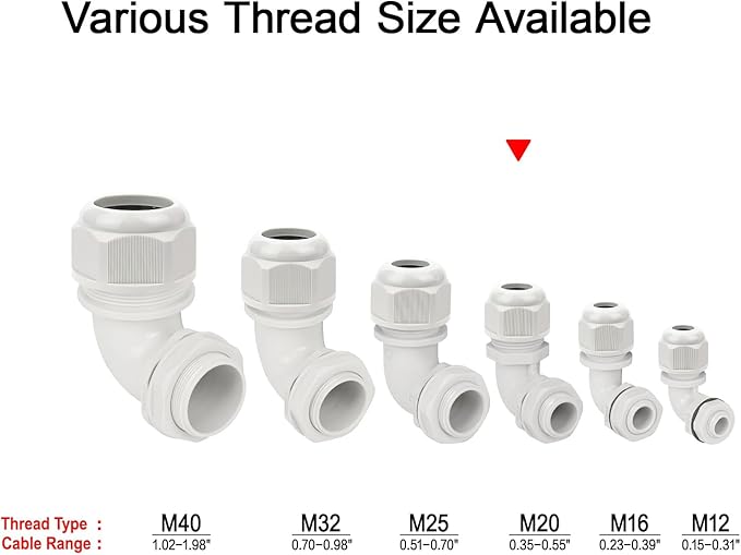 LeMotech M20 Cable Gland, 90 Degree Adjustable 9-14mm Strain Relief, Cord Connectors Nylon Joints with Gaskets, 6 Pcs, Grey