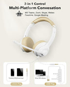 USB Headset with Microphone for PC, On-Ear Computer Laptop Headphones with Noise Cancelling Mic in-line Control for Home Office Online Class Zoom (USB+3.5mm, White)