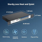 26 Port Gigabit Switch, Easy Smart Managed Ethernet Switch, Network Hub, Ethernet Splitter, Plug & Play, Industrial Grade Fan Metal Design, VLAN, Qos, Desktop or Wall Mount