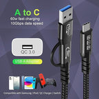 CABLEDECONN USB2.0 A to USB C 3.2 Type C 20Gbps Male to Male Detachable 2m 6.6ft Cable Data Extension 10Gbps 240W Fast Charge 8K Ultra HD Video Data Connection Power Line