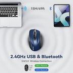 Bluetooth Mouse (BT5.0/3.0 & 2.4G) Rechargeable Wireless Mouse, 4800 DPI Optical Tracking, 6 Adjustable DPI, 2.4GHz with USB A Receiver, Quiet Clicks, Ergonomic Grips, 6 Buttons - Blue