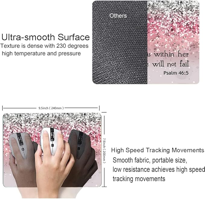 Hokafenle Mouse Pad, Psalm 46:5 God is Within Her, She Will not Fall - Bible Verse Pink Glitter Pattern Mouse Pad for Women, Square Waterproof Non-Slip Rubber Base Mousepad for Office Laptop