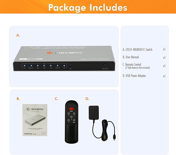 J-Tech Digital 4K 60Hz 4x1 HDMI & USB-C Switch | 3 HDMI + 1 USB-C Input, 1 HDMI Output | Compatible w/HDR & Dolby Vision | IR Remote, Auto Switch, CEC, Digital Audio [JTECH-4KSW3H1C]