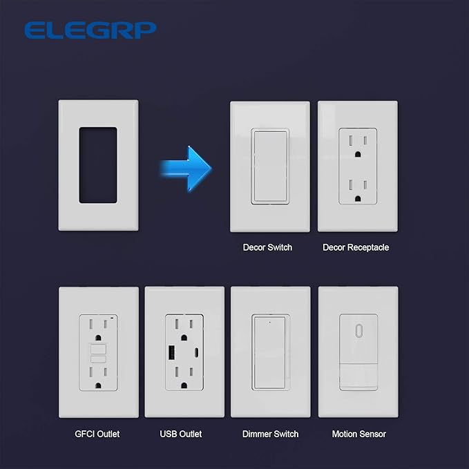 ELEGRP 1-Gang Screwless Decorator Wall Plates, Standard Size Unbreakable Thermoplastic Faceplate Cover for Decorator Receptacle Outlet Switch, UL Listed (20 Pack, Glossy White)