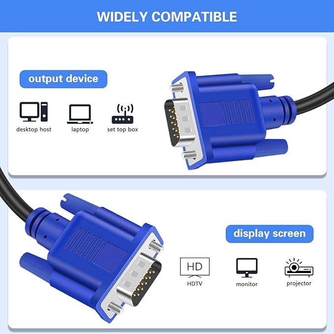 VGA to VGA Monitor Cable 15 Pin Male to Male Computer Cord Support 1080P Full HD for Laptop TV Projector - 6 Feet(10 Pack)
