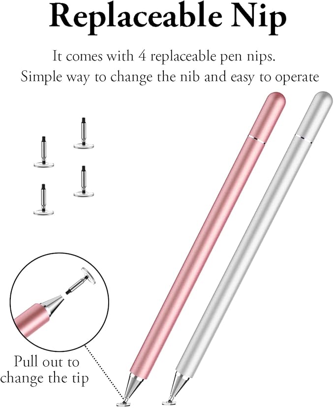 Stylus Pen for iPad, LUNTAK Stylus Pens for Apple/iPhone/Ipad pro/Mini/Air/Android/Microsoft/Surface All Capacitive Touch Screens Universal with 4 Replacement Tips (2 Pcs, Pink and Silver)