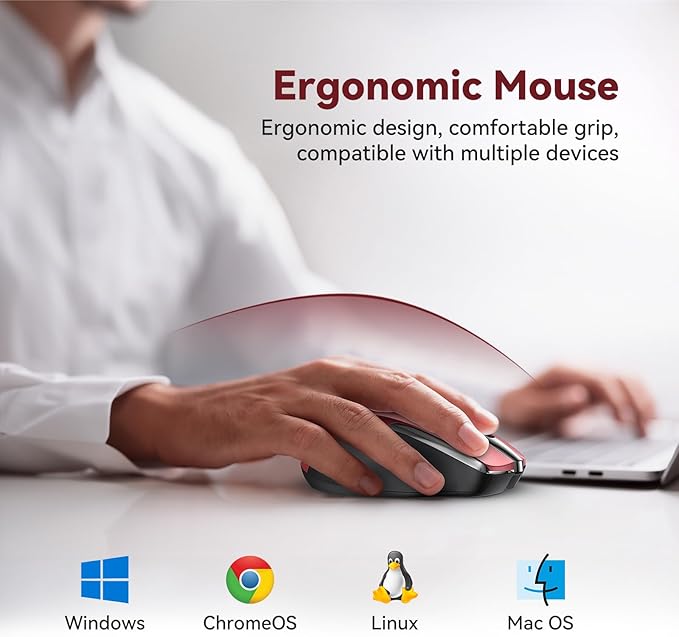 Bluetooth Mouse (BT5.0/3.0 & 2.4G) Rechargeable Wireless Mouse, 4800 DPI Optical Tracking, 6 Adjustable DPI, 2.4GHz with USB A Receiver, Quiet Clicks, Ergonomic Grips, 6 Buttons - Red
