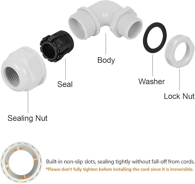 LeMotech M20 Cable Gland, 90 Degree Adjustable 9-14mm Strain Relief, Cord Connectors Nylon Joints with Gaskets, 6 Pcs, Grey