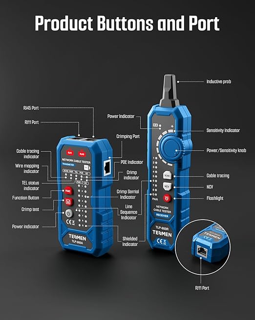 TESMEN TLP-900AR Network Cable Tester, Multi-Function Cable Tracer with Pairing, Continuity, QC&NCV, RJ11 RJ45, for CAT5/6/POE/STP, Suitable for Ethernet, Telephone, Wire Maintenance and Sorting-Blue