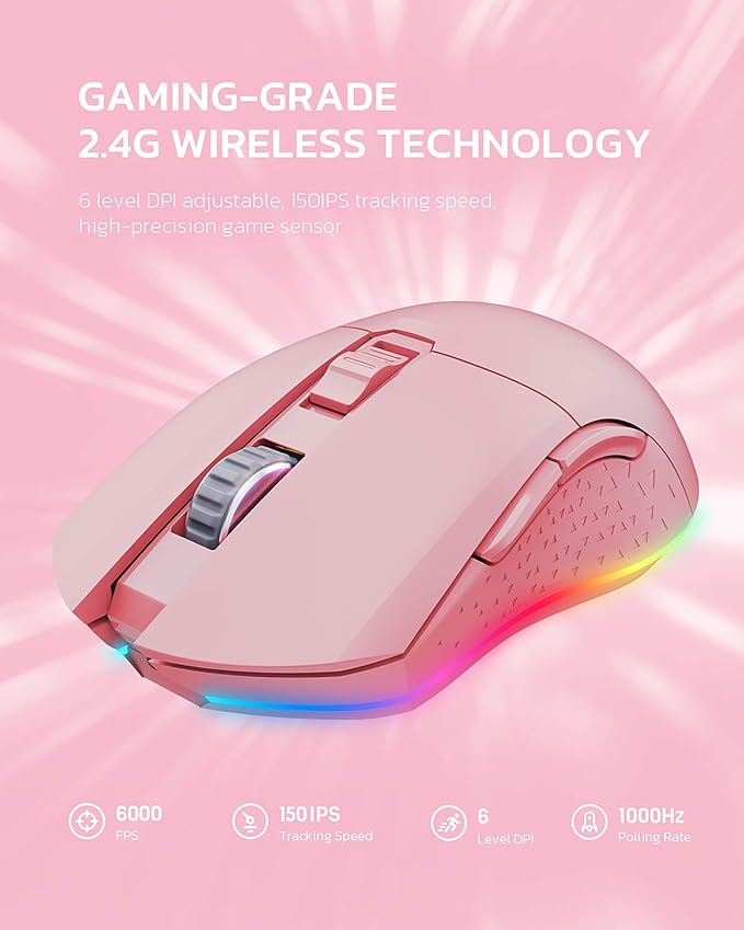 DAREU Pink Wireless Wired Gaming Mouse Dual-Mode Rechargeable 7 Programmable Buttons,10K DPI,RGB and 7 Adjustable DPI Levels up to [150IPS] [1000Hz Polling Rate] for PC Notebook Mac