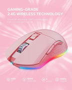 DAREU Pink Wireless Wired Gaming Mouse Dual-Mode Rechargeable 7 Programmable Buttons,10K DPI,RGB and 7 Adjustable DPI Levels up to [150IPS] [1000Hz Polling Rate] for PC Notebook Mac