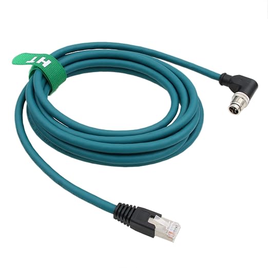M12 GigE Ethernet Network Cable CAT7e for Cognex Baumer Sensor Barcode Reader Camera Network PC Switch, Right Angle 90-Degree 8 Pin X-Coded to RJ45 50M