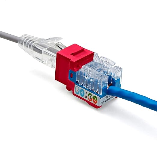 trueCABLE Cat5e Keystone Jack, Unshielded (UTP), 90 Degree Punch-Down, PoE++ (4PPoE) 100W, UL Listed, ETL Verified, ANSI/TIA Certified, Modular RJ45 Female, Red, 12 Pack