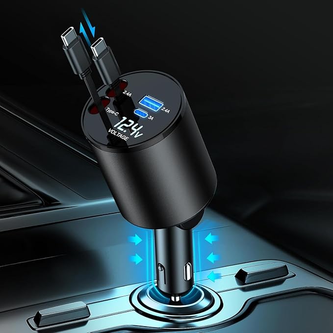 Retractable Car Charger, 4 in 1 Super Fast Car Phone Charger 60W, 2 Retractable Cables and 2 USB Ports Car Charger Adapter,Compatible with iPhone 16/15/14/13/12/11,Air-Pods 4,Galaxy,Pixel