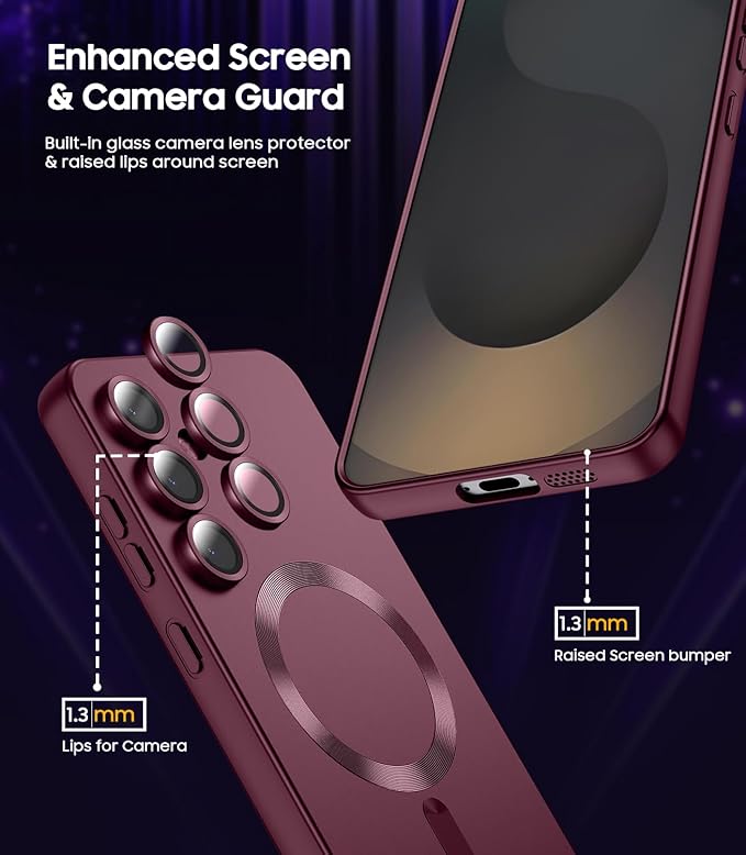 Magnetic for Samsung Galaxy S25 Plus Case [Compatible with MagSafe][Built-in Camera Lens Protector] Slim Soft Silicone Bumper Shockproof Metallic Luster Phone Shell (Burgundy)