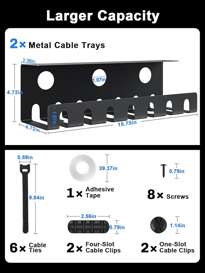 Delamu 2 Pack Metal Under Desk Cable Management Tray, U-Channel Cord Organizer Box, Office Under Desk Cord Organizers, Cable Management with Various Accessories, Black, 15.75 Inches