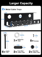 Delamu 2 Pack Metal Under Desk Cable Management Tray, U-Channel Cord Organizer Box, Office Under Desk Cord Organizers, Cable Management with Various Accessories, Black, 15.75 Inches