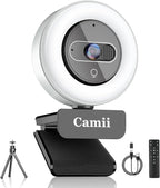 4K Webcam with Light, HD Webcam for PC with Remote Control, Built-in Privacy Cover, Adjustable Brightness, Noise Reduction Mics, for Zoom Skype Teams Laptop and Google Meet