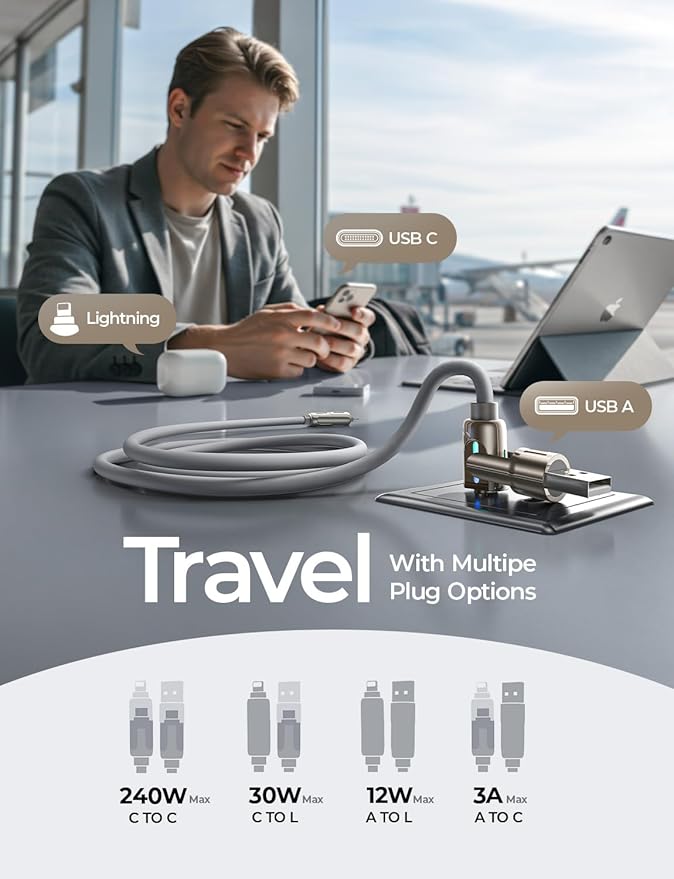 LISEN USB C to Lightning Cable, 240W 4 in 1 Charging Cable 6.6FT, Chubby USB A/C to C/Lightning with Light for iPhone 16e 16 15 14 Pro/MacBook/iPad/Samsung S25/Switch 2, Multi Chargers for All Devices