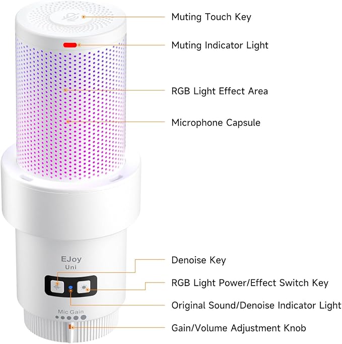 COMICA EJoy Uni A USB Microphone for Computer and Smartphone,RGB Cardioid Condenser Gaming Mic for Podcasting,Streaming,Recording,Music Creation,with Boom Arm Stand-White