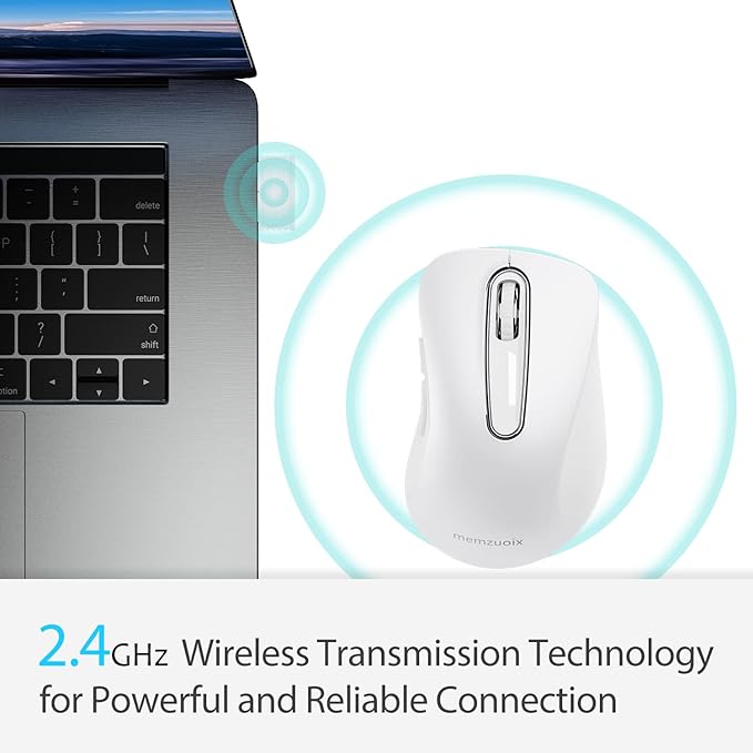 memzuoix 2.4G Wireless Mouse, 1400 DPI Computer Mice with USB Receiver, Portable Wireless USB Mouse Battery Powered Cordless Mice for Laptop, PC, Desktop, 5 Buttons (White)