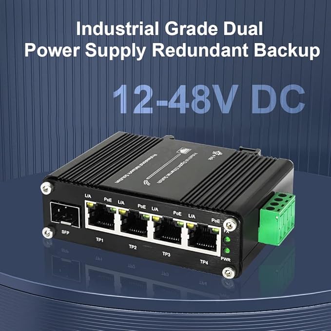 Mini Industrial 4 Port 10/100/1000Mbps Gigabit Ethernet POE + Switch with SFP Port Din Rail/Wall-Mount 4 Port 10/100/1000BASE-T RJ45 + 1 Port 100/1000FX (SFP) Support 12-48V DC