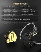 KZ ZSN Pro X in Ear Monitor Dual Driver IEM Earphone 1BA 1DD Wired Earphone HiFi Sport Gaming Earbuds Headphones Compatibility for Phone Computer Tablet