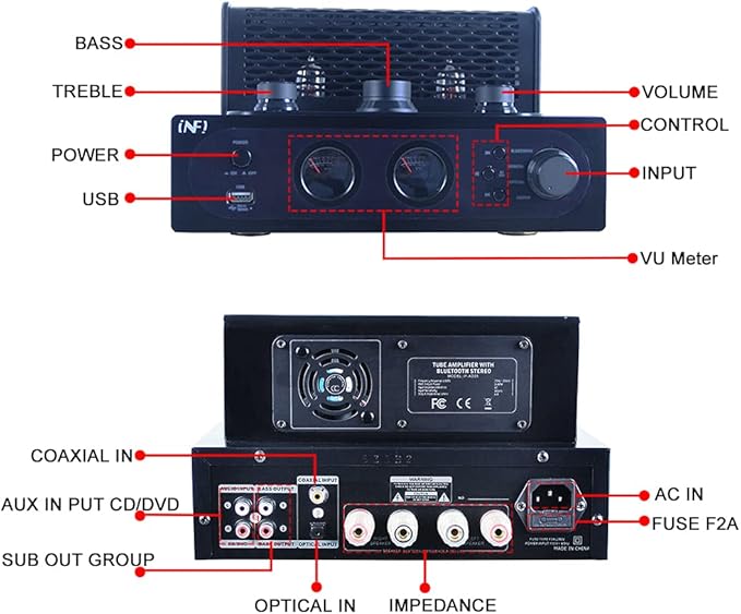 INFI Audio Hybrid Class AB Tube Amplifier 6N3 Power Amp with Bluetooth Home Audio HiFi Stereo Receiver Integrated Amp AUX Bluetooth USB Charger Optical Coaxial Sub-Out