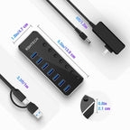 Powered UBS Hub, RSHTECH 7 Port USB 3.0/USB C Hub Upgraded Version Aluminum USB Splitter with 2-in-1 USB Cable,5V 3A Power Adapter and Individual Switches, USB Port Expander for Laptop/PC, RSH-ST07