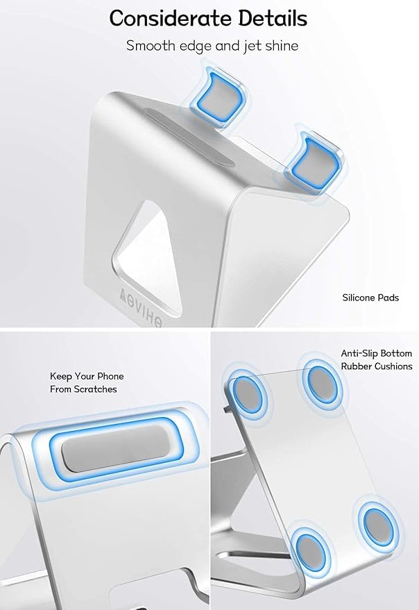 Cell Phone Stand for Desk, Desktop Phone Holder, Aluminum Mobile Phone Stand for iPhone 15 14 13 12 pro Mini 11 X Xr Xs max 8 7 6 6s Plus Samsung Galaxy S21 Ultra All Smart Phones,Silver