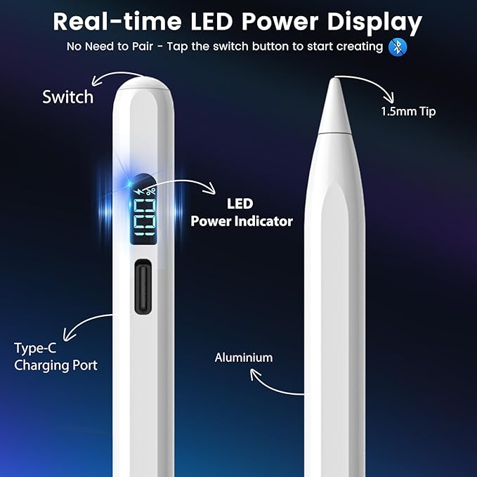 Stylus Pen for iPad M3/M4/9/10th Generation, LED Display Fast Charge Pencil Compatible with Apple iPad Pro A16 6th/7th/8th, Air 5/4/3, Mini 7/6/5(Tilt Sensitivity, Pixel Precision, Palm Rejection)