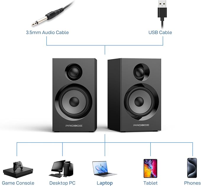 BT16 HiFi Bookshelf Speakers 3.5" Woofer with 1" Tweeter, 60W(30Xx2) Bluetooth 5.3, Powered Stereo Speaker with 24bit DAC USB and Adjustable Treble/Bass, Computer Gaming PC Speakers - Black