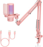 FEELWORLD VM1 Pink Gaming PC USB Microphone Condenser Mic with Noise Cancellation Mute RGB Light, Computer Accessories Gifts for Gamer YouTube Twitch Podcast Streaming Recording Online Chat PS4 PS5