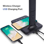 Multifunctional LED Desk Lamp with Wireless Charger,USB Charging Port,Clock,Phone Holder,Desk Lamps for Home Office,Eye-Caring Reading Lamp,Study Lamp for Boys,Girls,Teens,Black