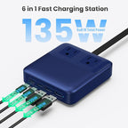 USB C Charger Block,135W GaN IV Fast Charging Station Hub,6-in-1 USB C Power Strip with Flat Plug and 5ft Cord,2 AC,2 USB A,2 USB C,PD 65W Laptop Charger for MacBook Air/Pro,iPhone16/15,S24-Dark Blue