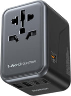 MOMAX Universal Travel Adapter, GaN 70W International Power Adapter, 3 USB-C PD Fast Charging & 2 USB-A QC, 1 AC, All-in-one International Plug Adapter for Travel European UK AUS JP