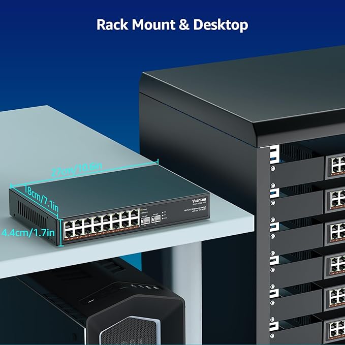 18 Port 2.5G Umanaged Ethernet Switch, 16 x 2.5Gb Base-T Ports, 2 x 10G SFP+, Compatible with 100/1000/2500Mbps, Metal Fanless, Desktop/Rack Mount YuanLey 2.5Gbe Network Switch for Wireless AP, PC
