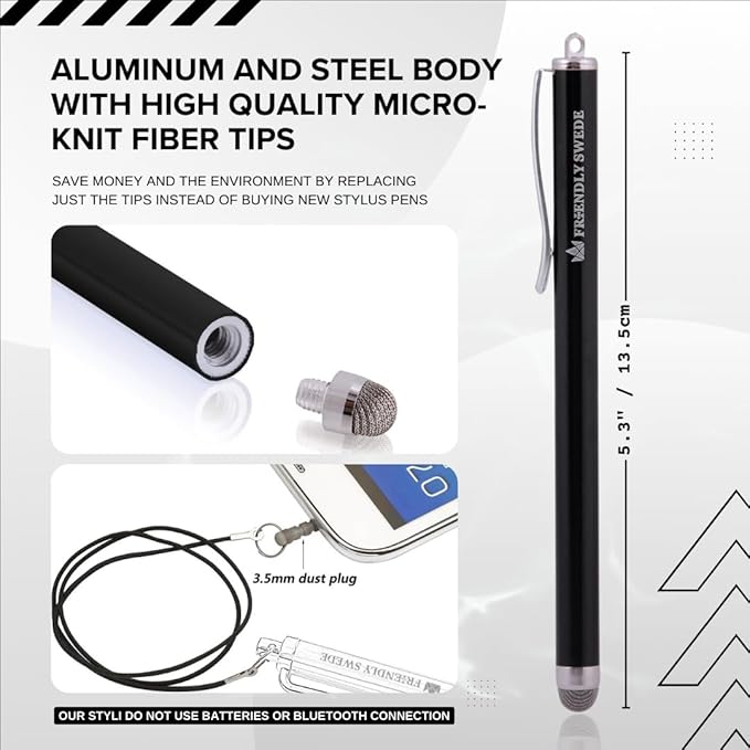 The Friendly Swede Mesh Tip Stylus Pen for Touchscreen — 3-Pack Micro-Knit Capacitive Stylus Pen for iPad & iPhone with 3 Replaceable Fiber Tips, Elastic Lanyards & Screen Cleaning Cloth