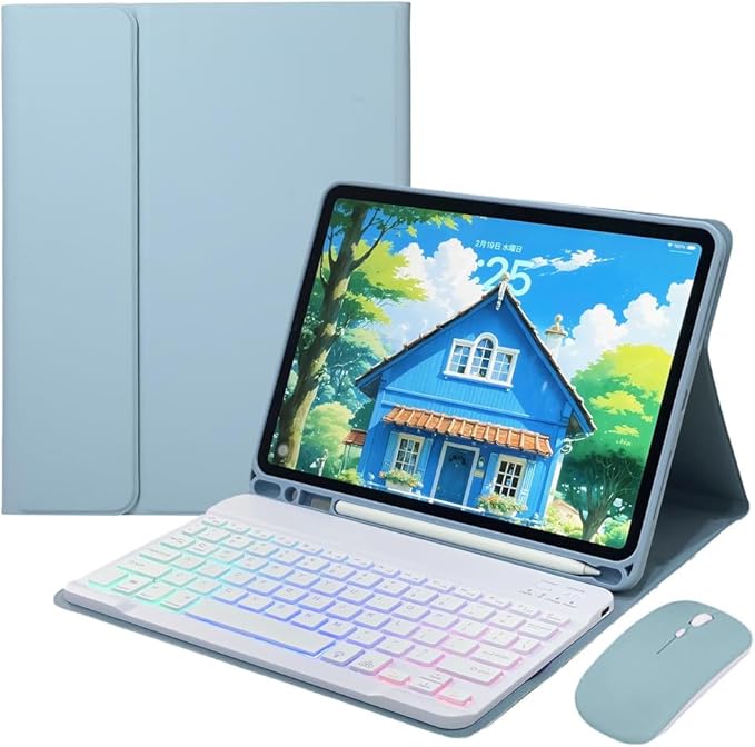 for iPad mini 7 (A17 Pro)/ iPad mini 6th 7th Generation Keyboard Case with Mouse and Rainbow Backlit Detachable Bluetooth Keyboard Cover,Misty Blue