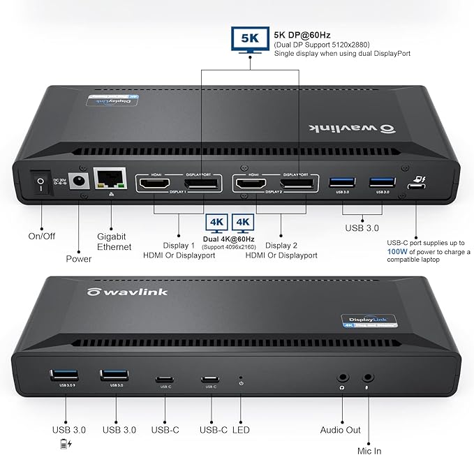 WAVLINK DisplayLink Laptop Docking Station Dual 4K@60Hz(2 HDMI+2DP), 100W PD Charging Compatible with Thunderbolt 4/3, USB-C/A - M1 M2 M3 M4 Mac, Windows, Chrome, 6 USB Ports, LAN - Driver Required