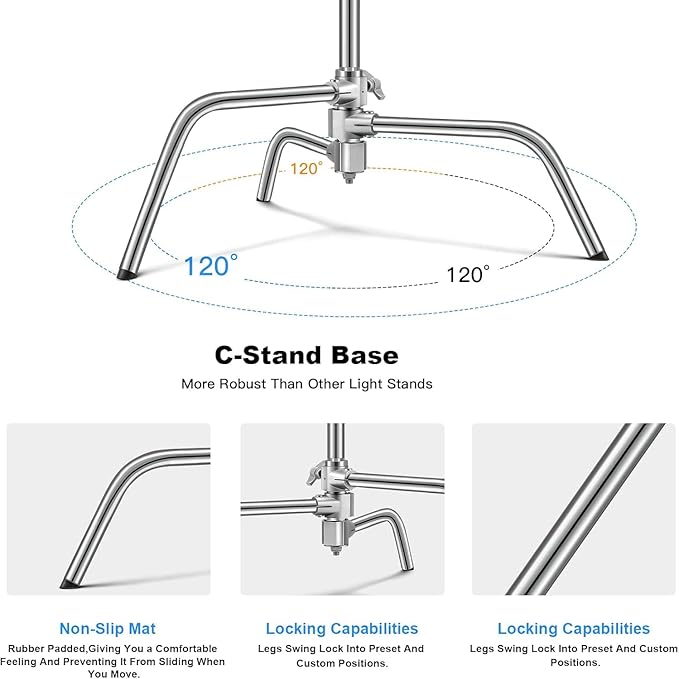Soonpho Adjustable 10ft/3.3m Heavy Duty Light Stand with Boom Arm and Wheels,100% Stainless Steel Reflector C-Stand with Grip Head & Sandbag &Clamps,for Studio Video Reflector,Monolight,Softboxes