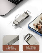 MOSDART 256GB USB3.1 Fast Speed C and A Dual Flash Drive, exFAT Memory Stick with Keychain Loop, for iPhone 15 and 16, Android Phone, iPad, MacBook, Silver